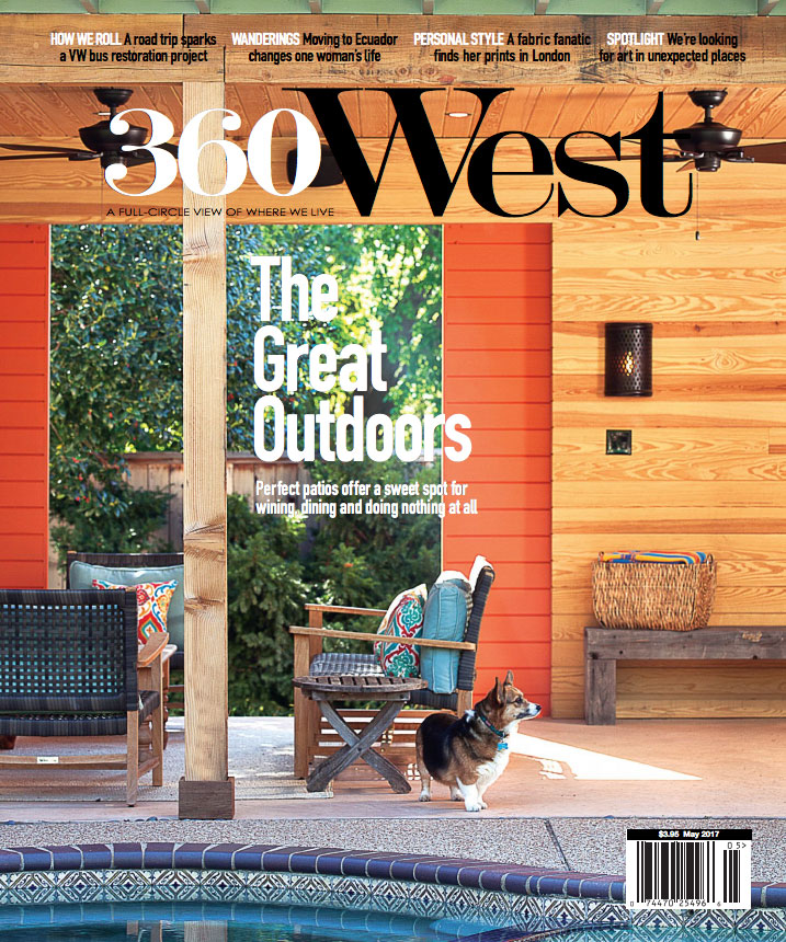 Cover of 360 West magazine featuring a modern outdoor living patio beside a swimming pool.