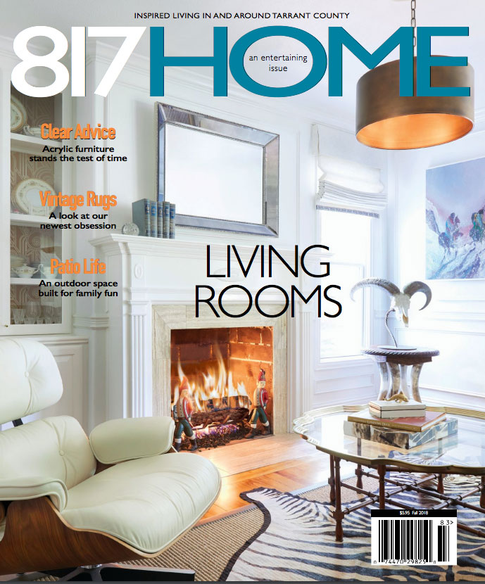 Cover of 817 Home magazine featuring a luxury living room with a fireplace and modern furnishings.