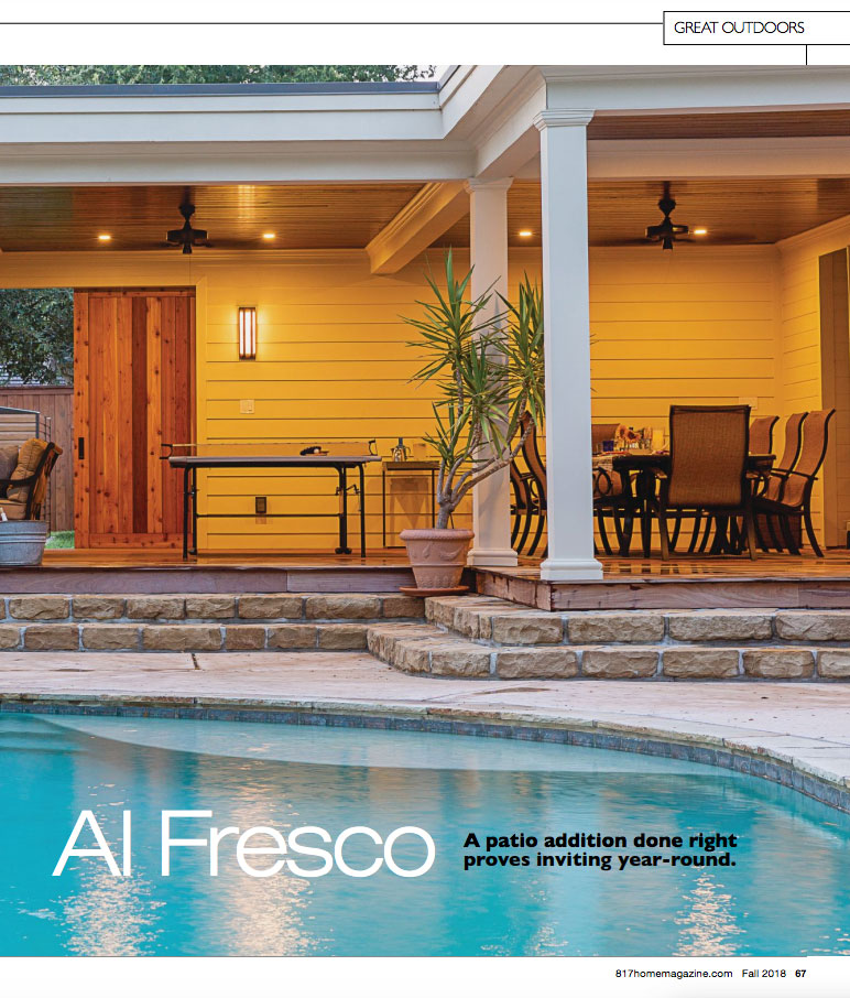 Magazine feature highlighting a covered outdoor patio with fireplace, seating area, and open-air entertaining space.