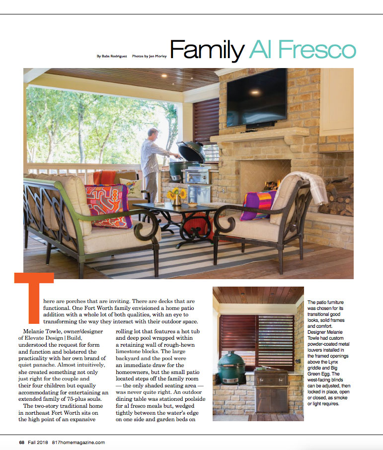 Magazine feature highlighting a covered outdoor patio with fireplace, seating area, and open-air entertaining space.
