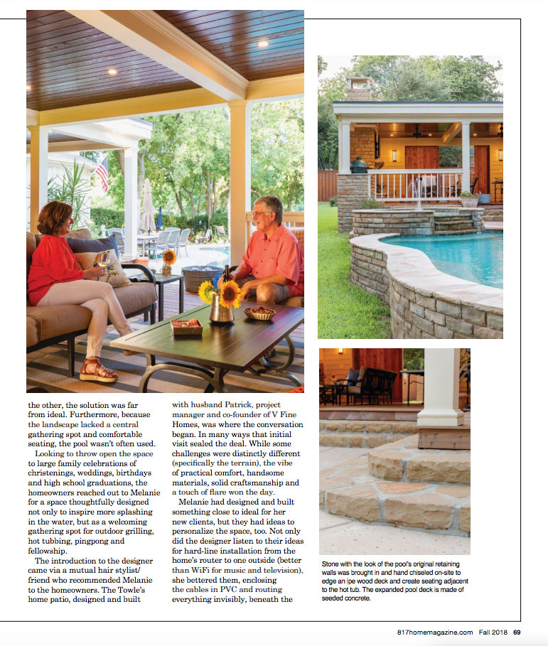 Magazine feature highlighting a covered outdoor patio with fireplace, seating area, and open-air entertaining space.