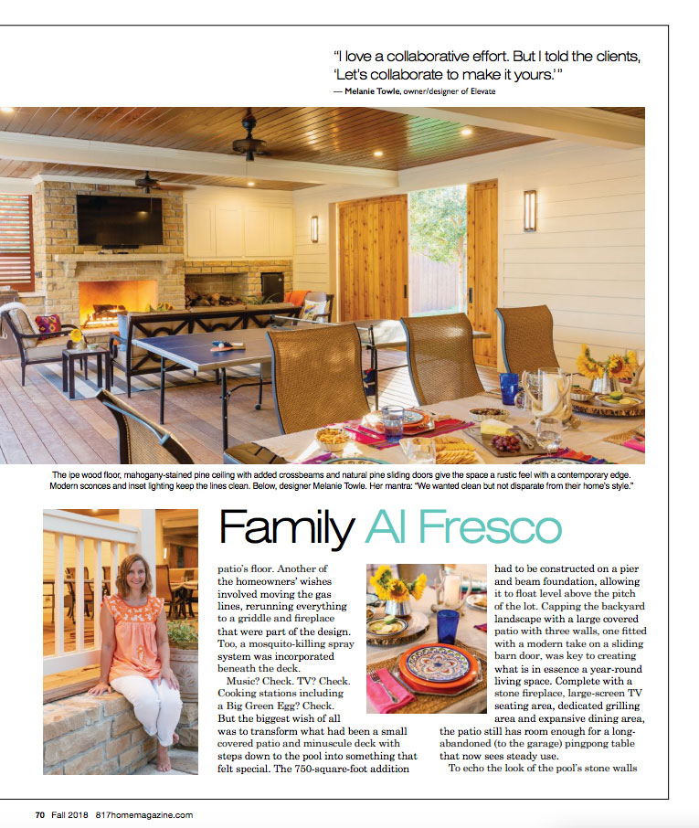 Magazine feature highlighting a covered outdoor patio with fireplace, seating area, and open-air entertaining space.