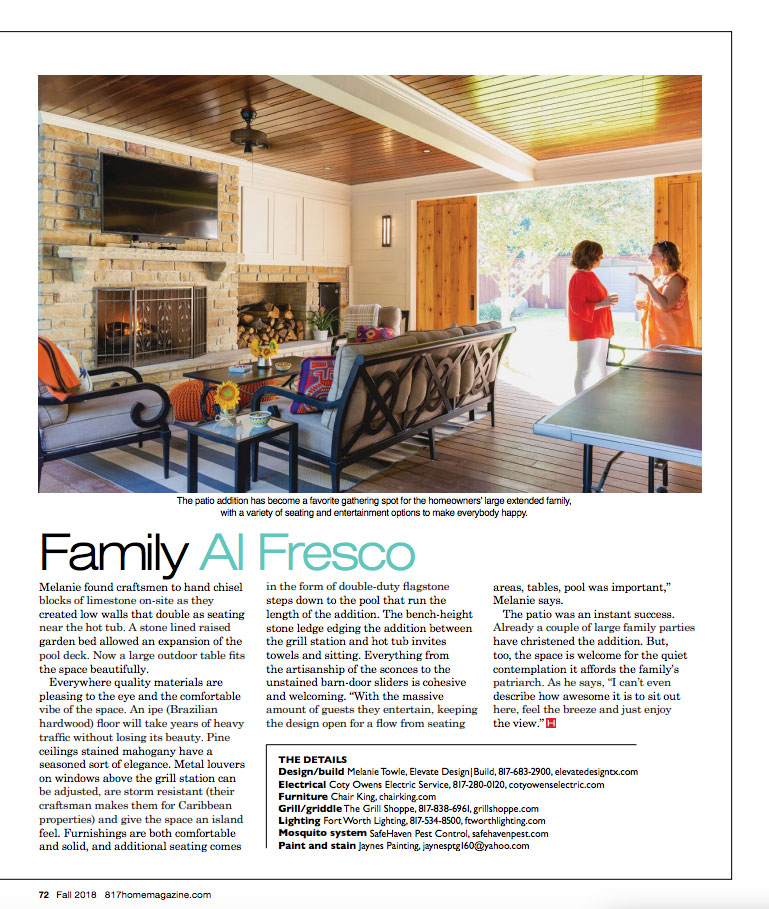 Magazine feature highlighting a covered outdoor patio with fireplace, seating area, and open-air entertaining space.