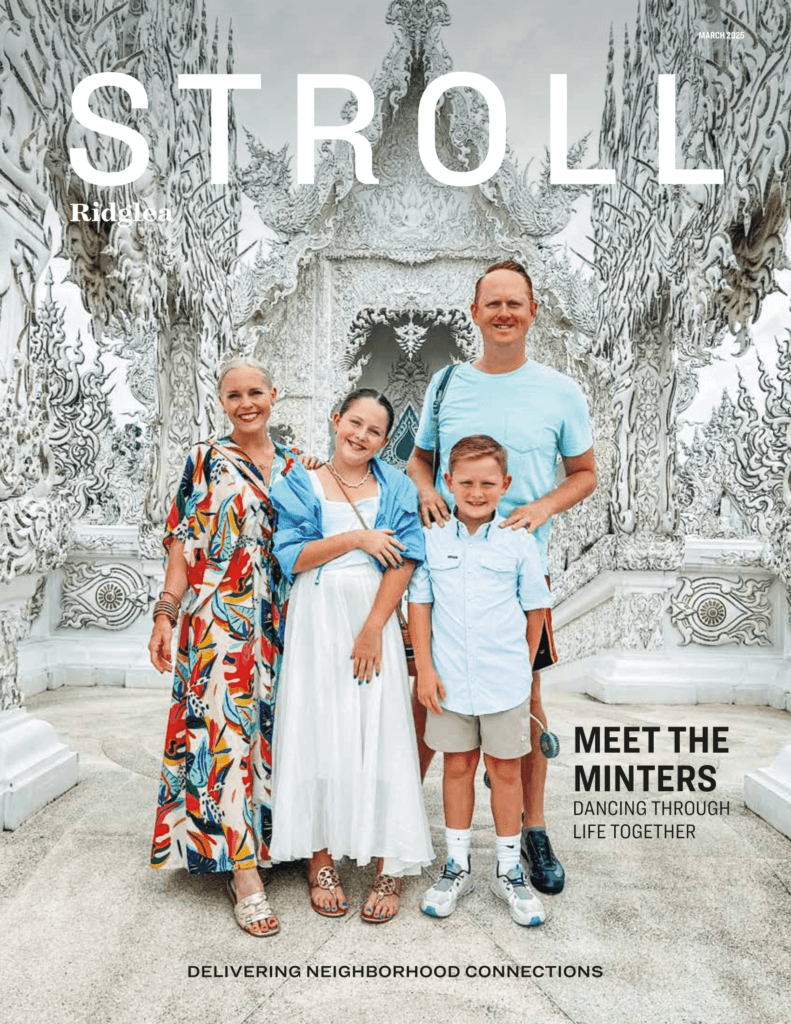 Family posing in front of an ornate white architectural structure featured on the cover of Stroll Ridglea magazine.