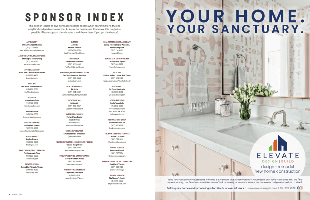 Magazine sponsor index page alongside an Elevate Design Build advertisement featuring a luxury bathroom vanity.