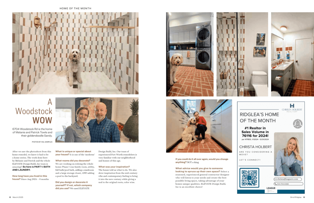 Magazine-style feature showcasing a modern laundry room remodel with patterned tile, pet washing station, and homeowners.