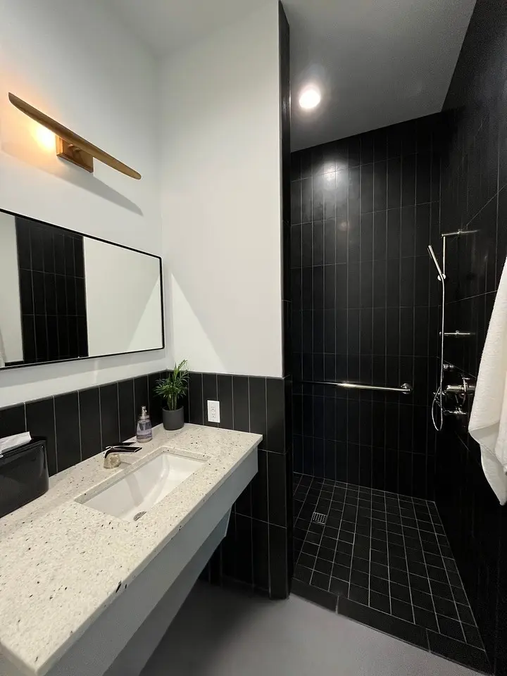 Modern black tile bathroom with floating vanity, minimalist mirror, and walk-in shower.