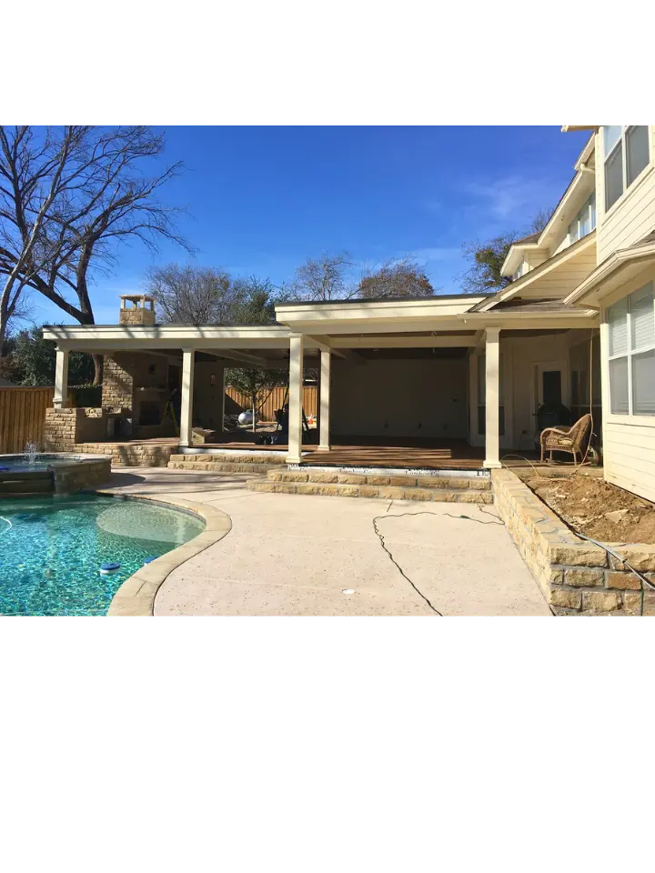 Backyard outdoor living area with covered patio, pool, and stone landscaping