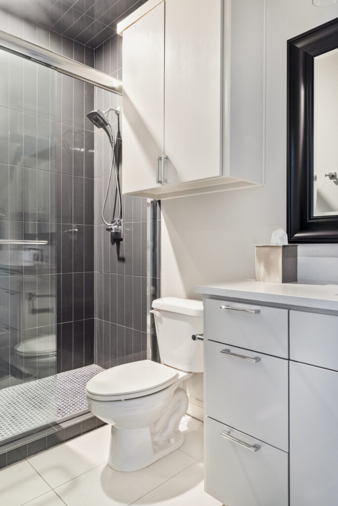 Modern bathroom with dark tile shower and glass enclosure in a luxury home